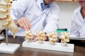 imagem de um médico explicando sobre fraturas na coluna para paciente através de um modelo
