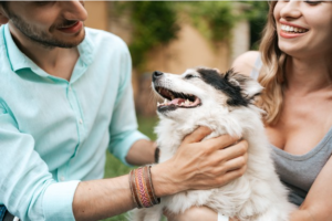 casal de homem e mulher brincando com cachorro de pequeno porte