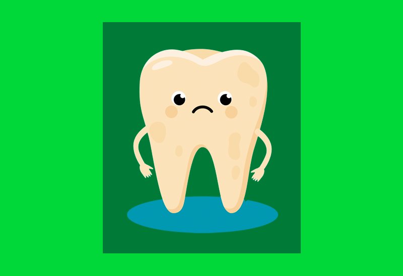 Dente amarelado em ilustração com carinha triste