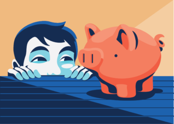 Ilustração de jovem rapaz olhando um cofrinho de porco