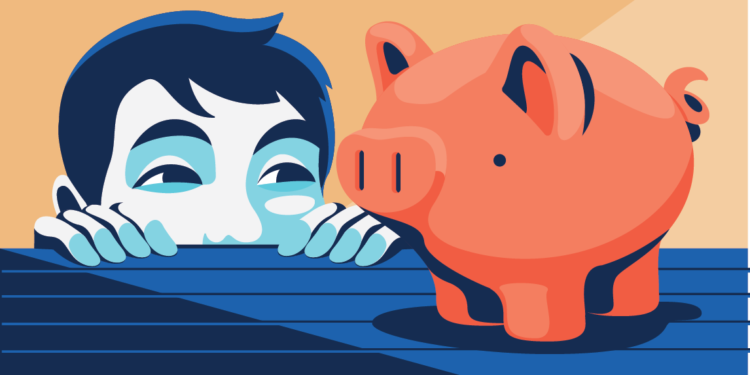Ilustração de jovem rapaz olhando um cofrinho de porco