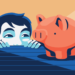 Ilustração de jovem rapaz olhando um cofrinho de porco