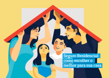 desenho nas cores amarela de uma família embaixo do teto de uma casa com detalhes vermelhos e o título do texto dentro de uma caixa azul