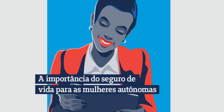ilustração de mulher sorrindo e olhando um tablet sobre um fundo azul