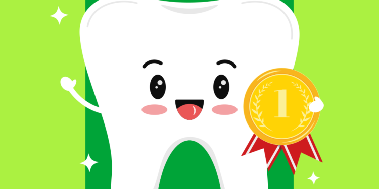 Ilustração de dente segurando medalha com o número 1