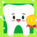 dente sorrindo segurando uma medalha a frente de um fundo verde