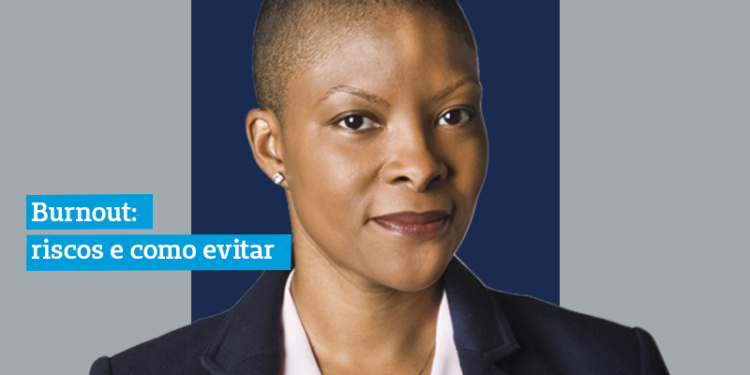 Síndrome de burnout escrito em azul ao lado de uma mulher de terno