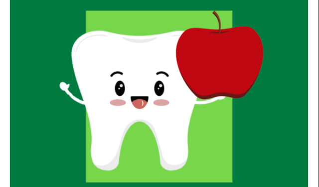 Ilustração de dente sorrindo e segurando uma maçã em um fundo verde