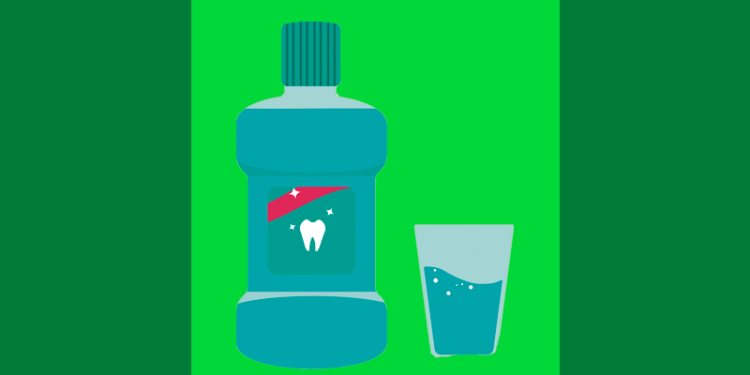 ilustração de um enxaguante bucal com um copo ao lado