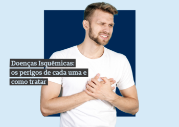 Homem à frente de um fundo azul escuro e azul claro. Com o texto Doenças Isquêmicas: os perigos de cada uma e como tratar.