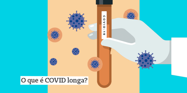 Ilustração mostra um tubo de ensaio que representa pesquisas sobre covid longa