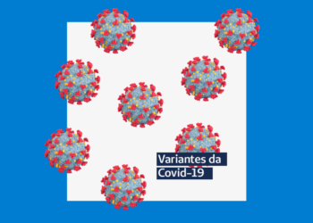 imagem gráfica do coronavírus nas cores azul e vermelho, com texto dizendo "variantes da covid-19"