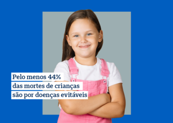 banner criança sorrindo de braços cruzados e macacão rosa em um fundo azul, está escrito: pelo menos 44% das mortes de crianças são por doenças evitáveis