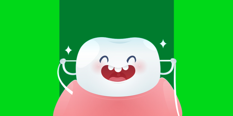 ilustração de dente passando o fio dental e sorrindo