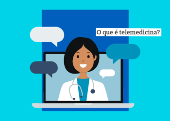 mulher de cabelos curtos na tela de um computador, com balões de diálogo indicando conversa ou atendimento online, demonstrando o que é telemedicina