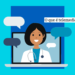 mulher de cabelos curtos na tela de um computador, com balões de diálogo indicando conversa ou atendimento online, demonstrando o que é telemedicina