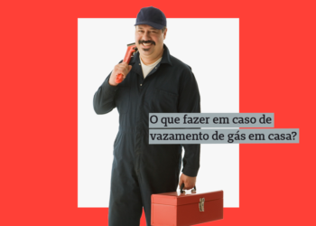 homem uniformizado com maleta de ferramentas, sorrindo, com a legenda "o que fazer em caso de vazamento de gás em casa"
