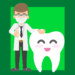 dentista de pé, usando máscara, ao lado de um dentinho sorridente, bem higienizado após uma cirurgia