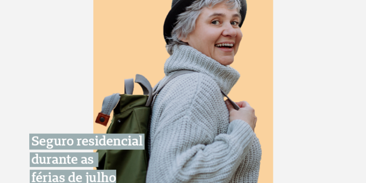 mulher carregando mochila nas costas com chapéu na cabeça, e o texto "seguro residencial durante as férias de julho"