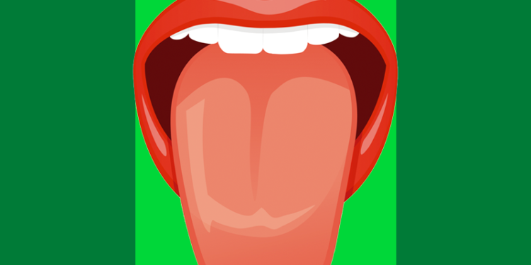 boca com os dentes de cima aparecendo e a língua para fora, ilustrando a macroglossia