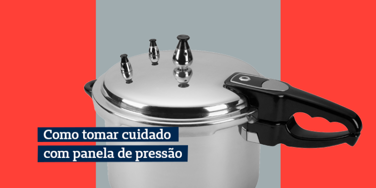 imagem de uma panela de pressão com a frase "como tomar cuidado com panela de pressão" no design